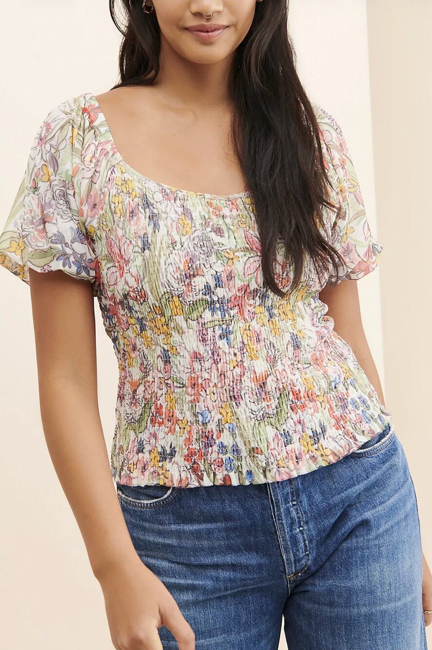 Anthropologie Aurelia Womens M Multi Floral Smocked Short Sleeve Top NEW
